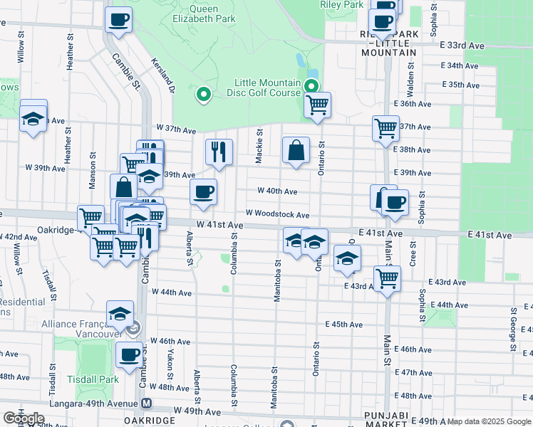 map of restaurants, bars, coffee shops, grocery stores, and more near 128 West Woodstock Avenue in Vancouver