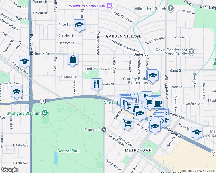 map of restaurants, bars, coffee shops, grocery stores, and more near 4160 Sardis Street in Burnaby