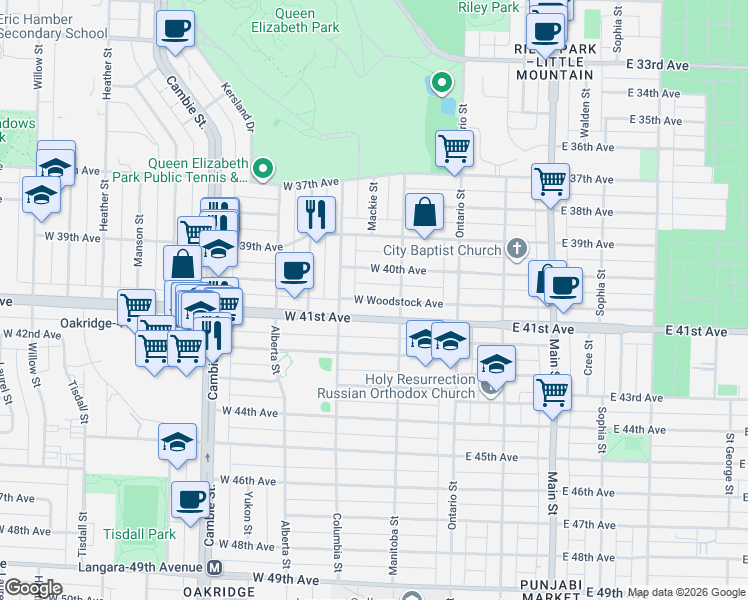 map of restaurants, bars, coffee shops, grocery stores, and more near 138 West Woodstock Avenue in Vancouver