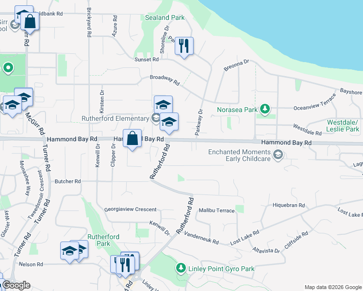 map of restaurants, bars, coffee shops, grocery stores, and more near 5830 Hammond Bay Road in Nanaimo