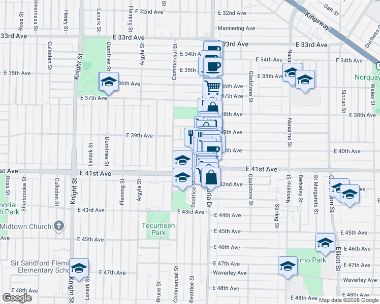 map of restaurants, bars, coffee shops, grocery stores, and more near 1907 East 40th Avenue in Vancouver