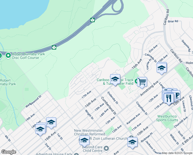 map of restaurants, bars, coffee shops, grocery stores, and more near 7500 Cumberland Street in Burnaby