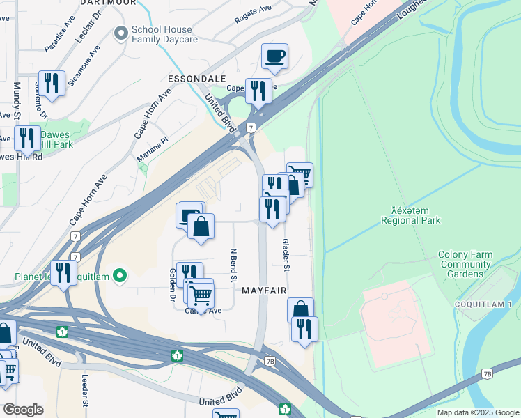 map of restaurants, bars, coffee shops, grocery stores, and more near 110 United Boulevard in Coquitlam