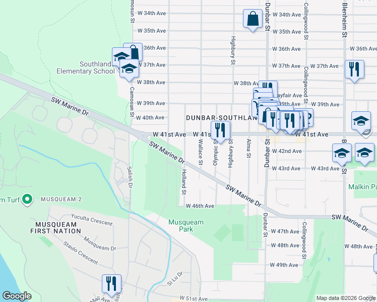 map of restaurants, bars, coffee shops, grocery stores, and more near 5808 Holland Street in Vancouver