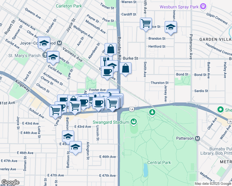 map of restaurants, bars, coffee shops, grocery stores, and more near 5515 Boundary Road in Vancouver