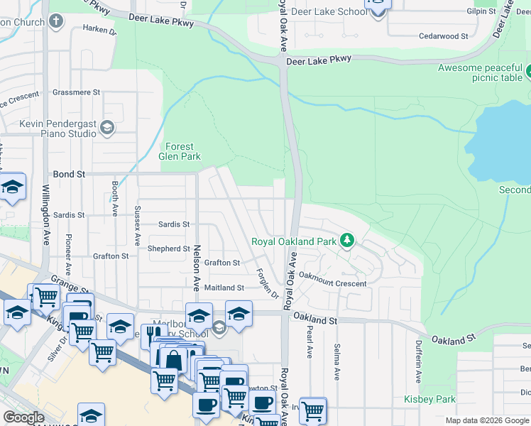 map of restaurants, bars, coffee shops, grocery stores, and more near 5578 Oakglen Drive in Burnaby