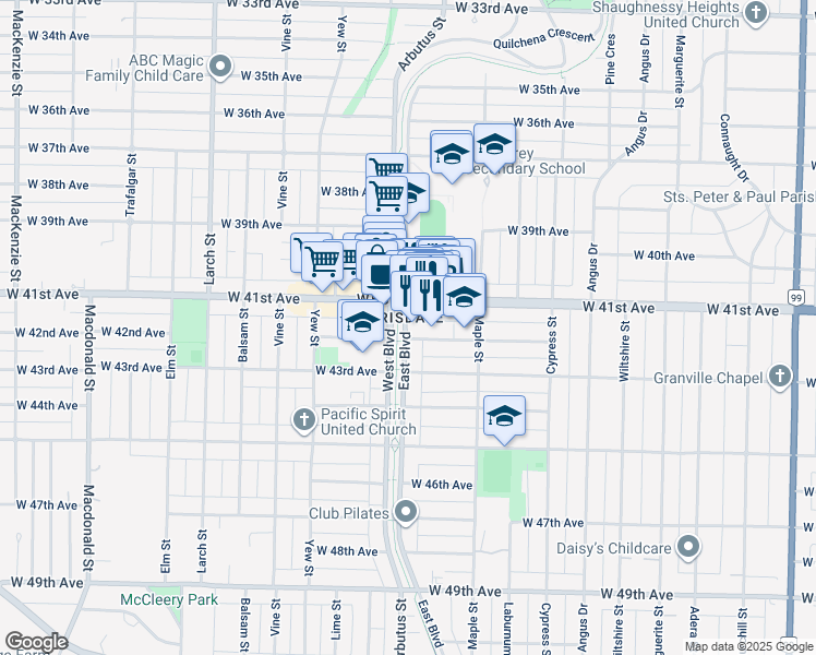 map of restaurants, bars, coffee shops, grocery stores, and more near 5790 East Boulevard in Vancouver
