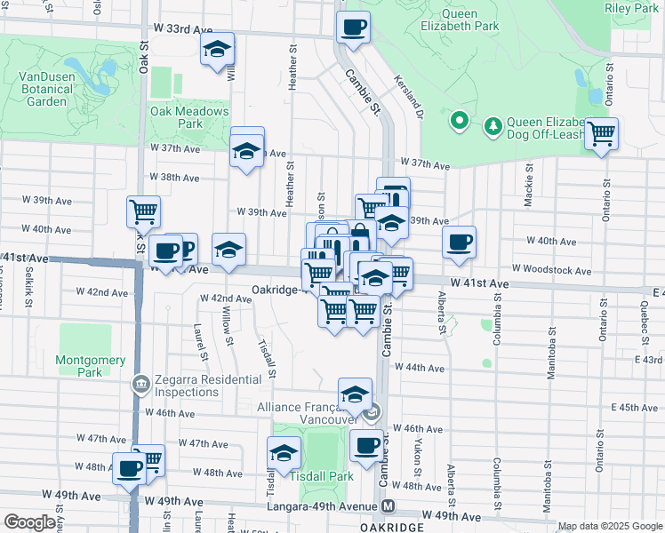 map of restaurants, bars, coffee shops, grocery stores, and more near 611 West 41st Avenue in Vancouver