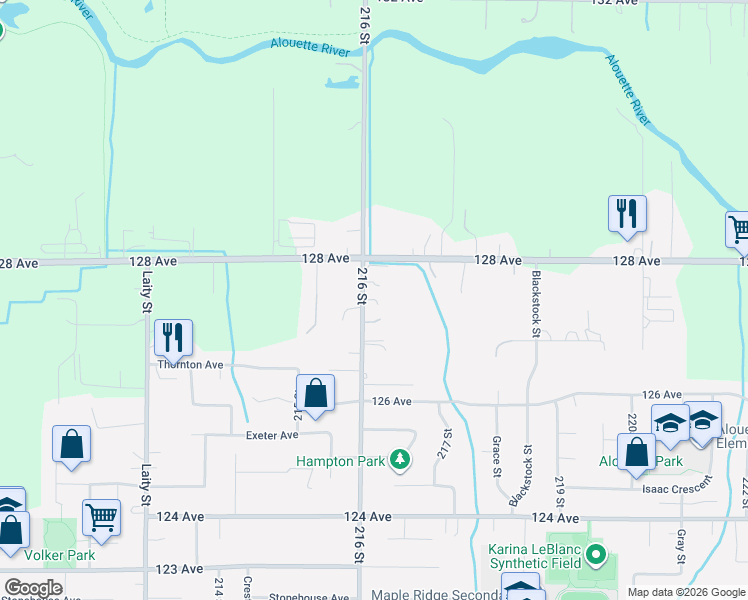 map of restaurants, bars, coffee shops, grocery stores, and more near 12760 216 Street in Maple Ridge