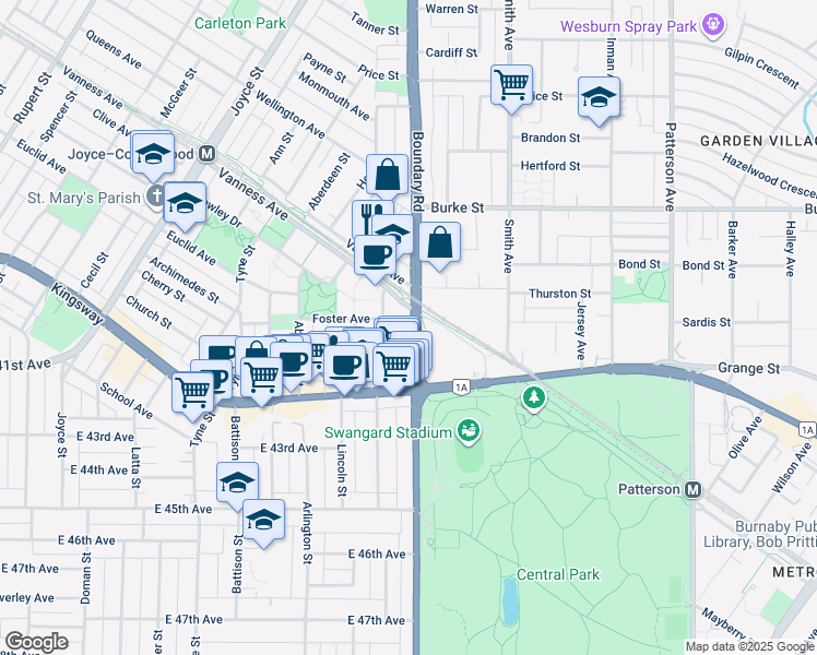 map of restaurants, bars, coffee shops, grocery stores, and more near 5515 Boundary Road in Vancouver