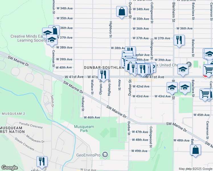 map of restaurants, bars, coffee shops, grocery stores, and more near 5819 Highbury Street in Vancouver