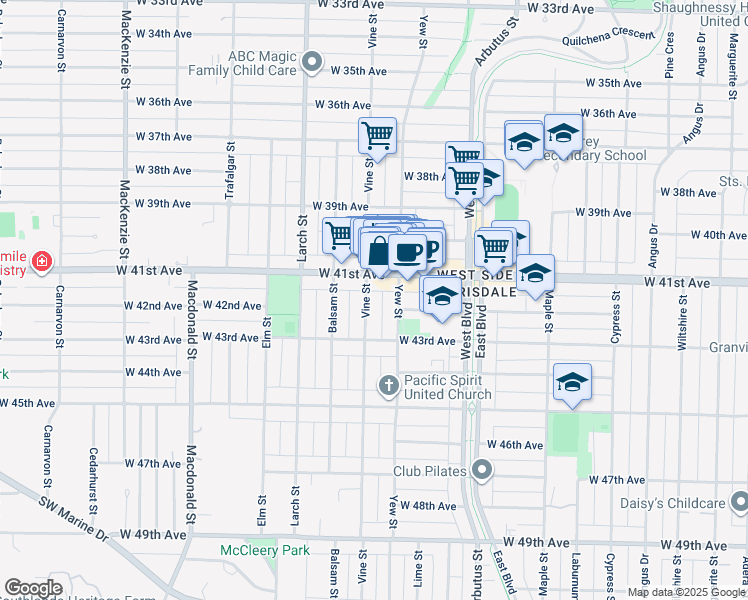 map of restaurants, bars, coffee shops, grocery stores, and more near 5788 Vine Street in Vancouver