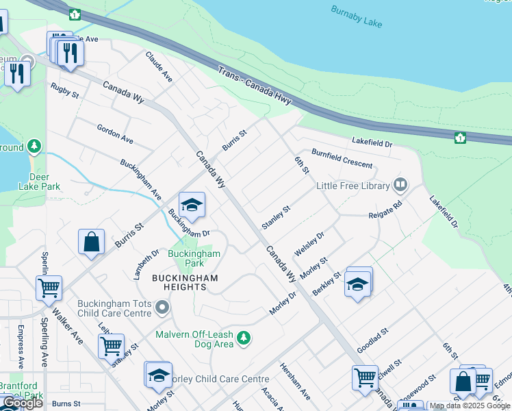 map of restaurants, bars, coffee shops, grocery stores, and more near 7740 Allman Street in Burnaby