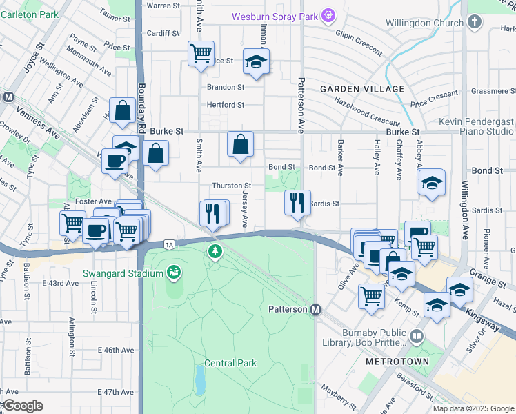 map of restaurants, bars, coffee shops, grocery stores, and more near 5655 Inman Avenue in Burnaby