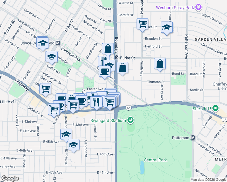 map of restaurants, bars, coffee shops, grocery stores, and more near 5515 Boundary Road in Vancouver