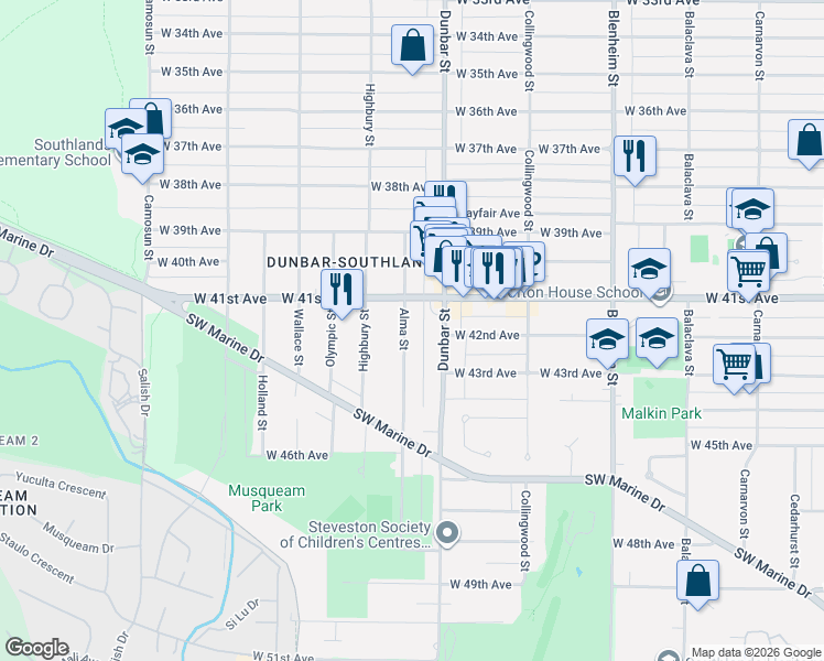 map of restaurants, bars, coffee shops, grocery stores, and more near 5790 Alma Street in Vancouver