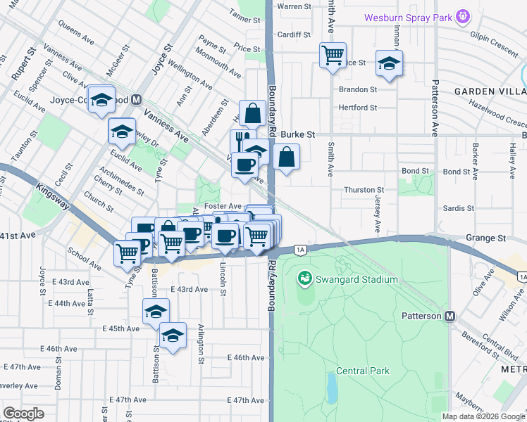 map of restaurants, bars, coffee shops, grocery stores, and more near in Vancouver
