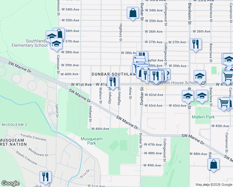 map of restaurants, bars, coffee shops, grocery stores, and more near 5815 Highbury Street in Vancouver