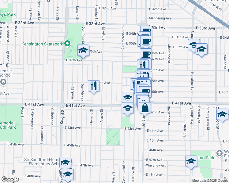 map of restaurants, bars, coffee shops, grocery stores, and more near 5568 Bruce Street in Vancouver