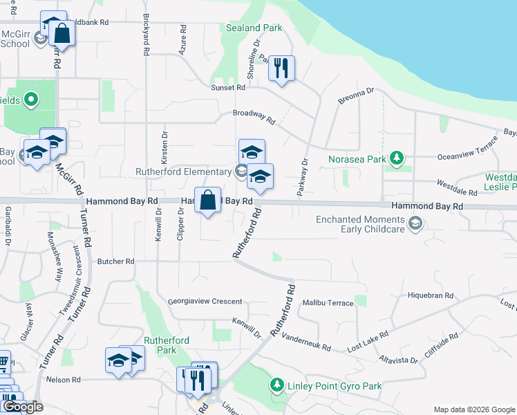 map of restaurants, bars, coffee shops, grocery stores, and more near 6030 Rutherford Road in Nanaimo