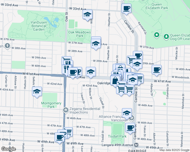 map of restaurants, bars, coffee shops, grocery stores, and more near 759 West 41st Avenue in Vancouver