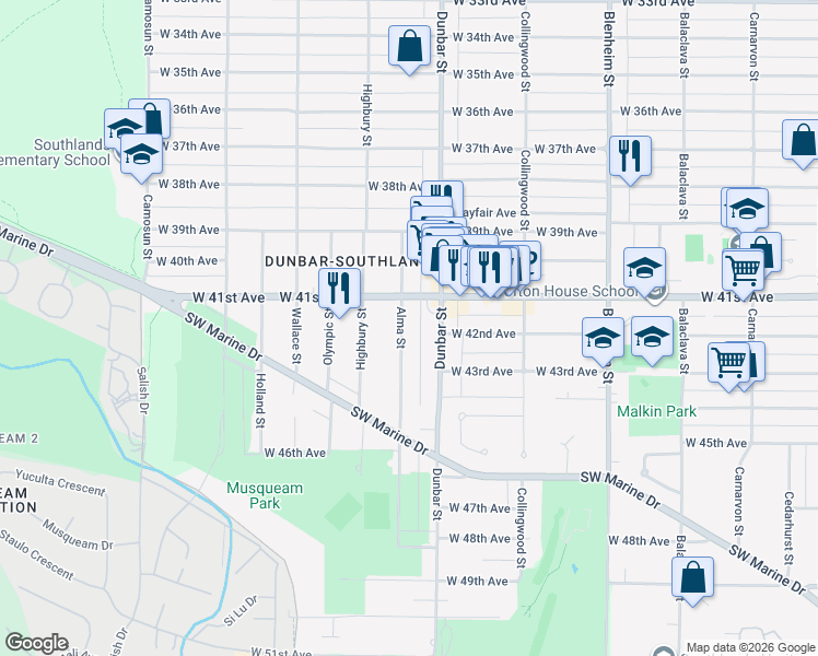 map of restaurants, bars, coffee shops, grocery stores, and more near 5790 Alma Street in Vancouver