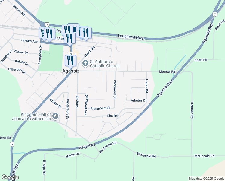 map of restaurants, bars, coffee shops, grocery stores, and more near 1617 Parkwood Drive in Agassiz
