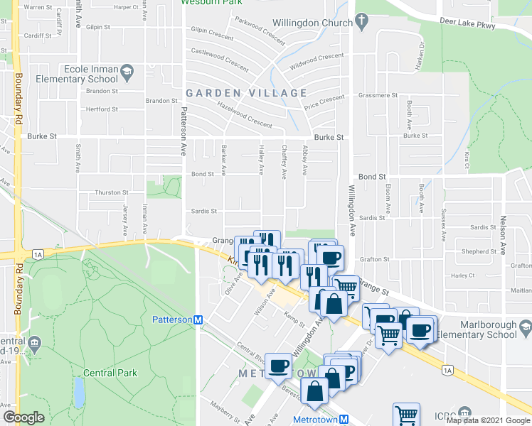 map of restaurants, bars, coffee shops, grocery stores, and more near 5598 Halley Avenue in Burnaby