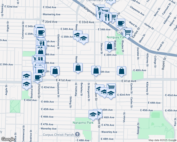 map of restaurants, bars, coffee shops, grocery stores, and more near 2449 East 40th Avenue in Vancouver