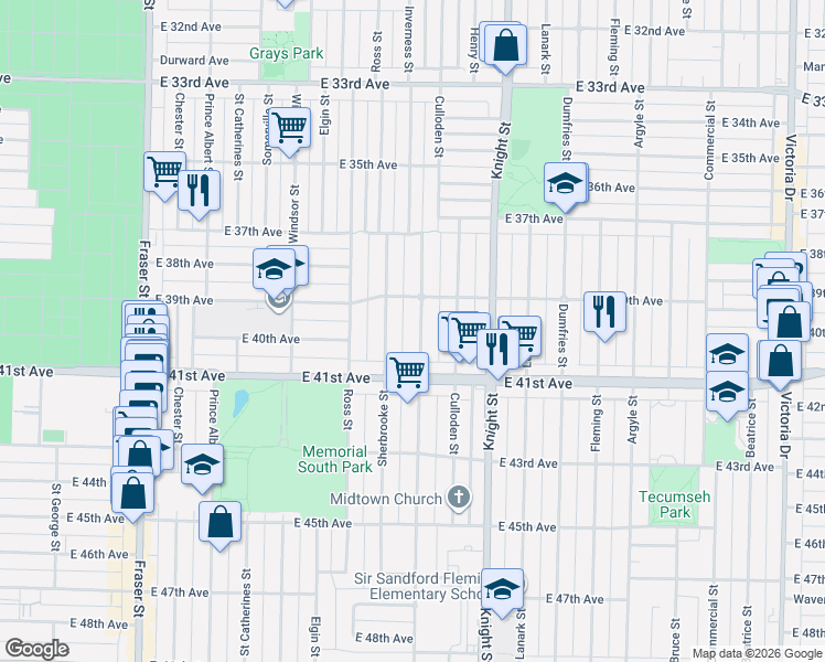 map of restaurants, bars, coffee shops, grocery stores, and more near 5577 Inverness Street in Vancouver