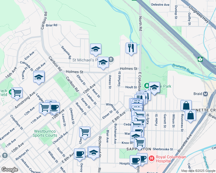 map of restaurants, bars, coffee shops, grocery stores, and more near 533 Amess Street in New Westminster
