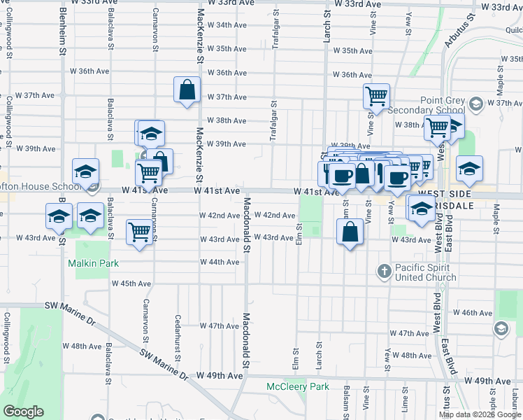 map of restaurants, bars, coffee shops, grocery stores, and more near 2755 West 42nd Avenue in Vancouver