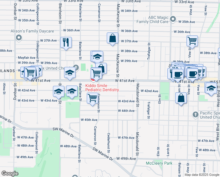map of restaurants, bars, coffee shops, grocery stores, and more near 2941 West 42nd Avenue in Vancouver