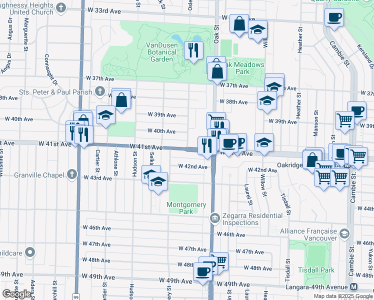 map of restaurants, bars, coffee shops, grocery stores, and more near Osler Street in Vancouver