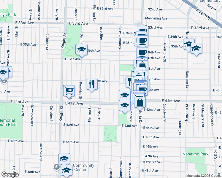 map of restaurants, bars, coffee shops, grocery stores, and more near 5568 Bruce Street in Vancouver