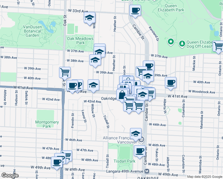map of restaurants, bars, coffee shops, grocery stores, and more near 5693 Heather Street in Vancouver