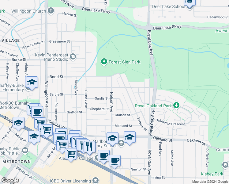 map of restaurants, bars, coffee shops, grocery stores, and more near 5548 Nelson Avenue in Burnaby