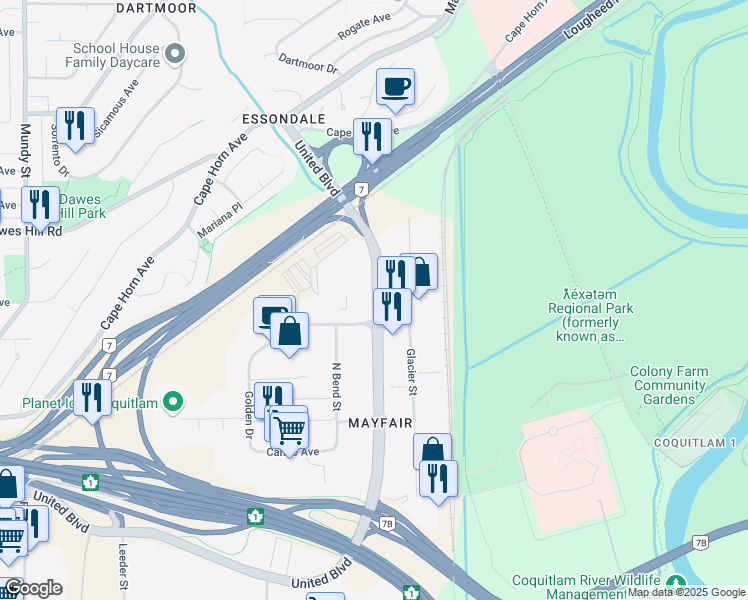 map of restaurants, bars, coffee shops, grocery stores, and more near 140 Glacier Street in Coquitlam