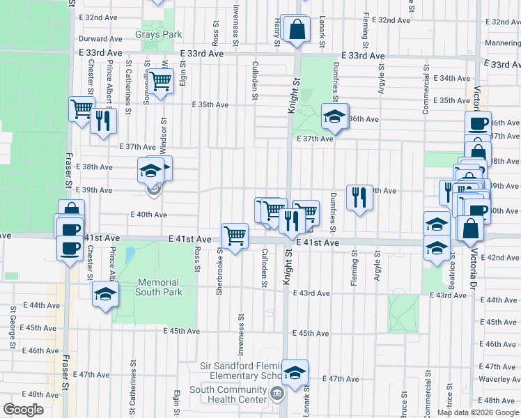 map of restaurants, bars, coffee shops, grocery stores, and more near in Vancouver