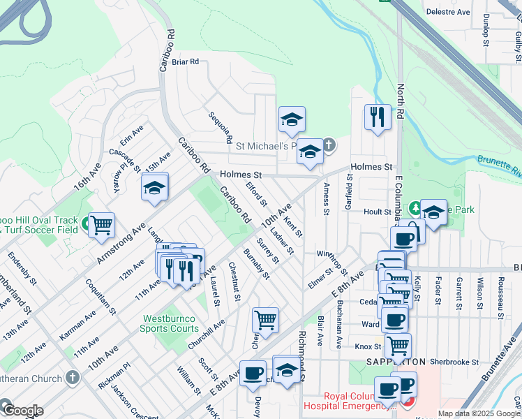 map of restaurants, bars, coffee shops, grocery stores, and more near 7779 Elford Street in Burnaby