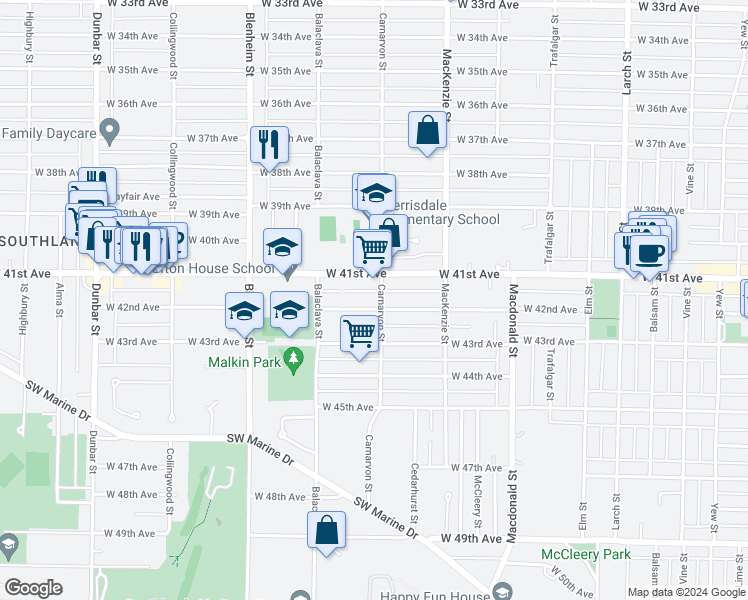map of restaurants, bars, coffee shops, grocery stores, and more near 3029 West 42nd Avenue in Vancouver