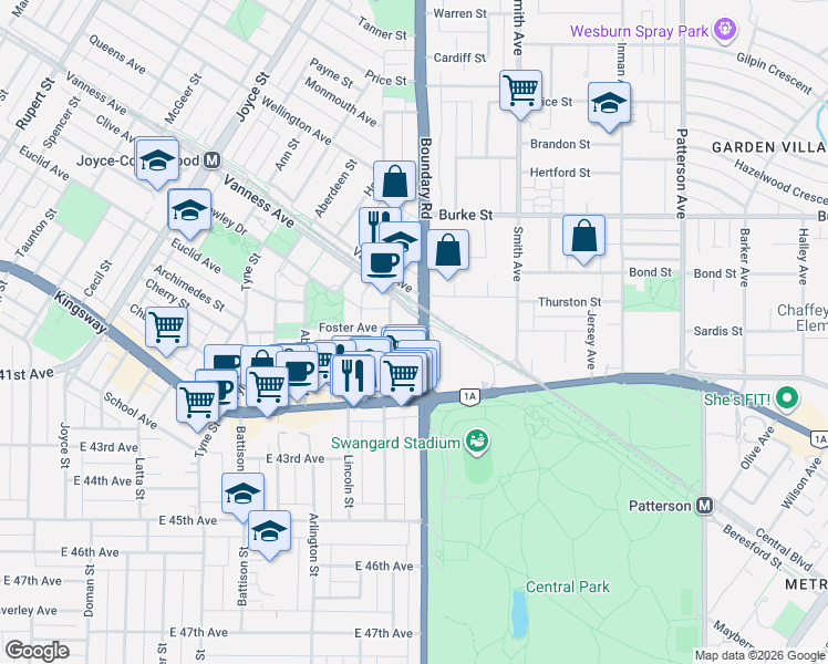 map of restaurants, bars, coffee shops, grocery stores, and more near 5515 Boundary Road in Vancouver