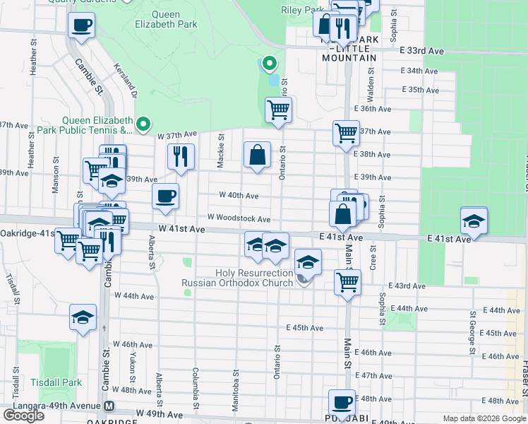 map of restaurants, bars, coffee shops, grocery stores, and more near 33 West Woodstock Avenue in Vancouver