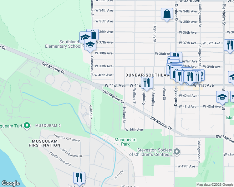 map of restaurants, bars, coffee shops, grocery stores, and more near 5788 Crown Street in Vancouver