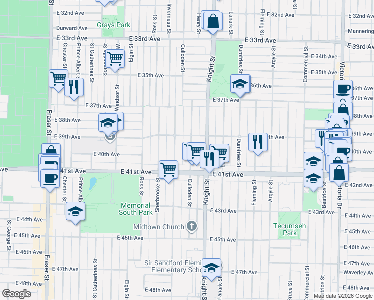 map of restaurants, bars, coffee shops, grocery stores, and more near 5569 Culloden Street in Vancouver