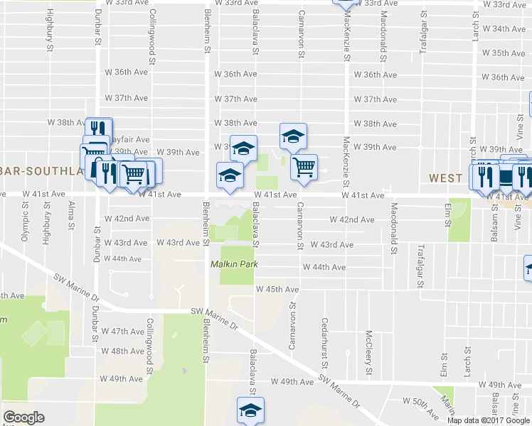 map of restaurants, bars, coffee shops, grocery stores, and more near 3171 West 42nd Avenue in Vancouver