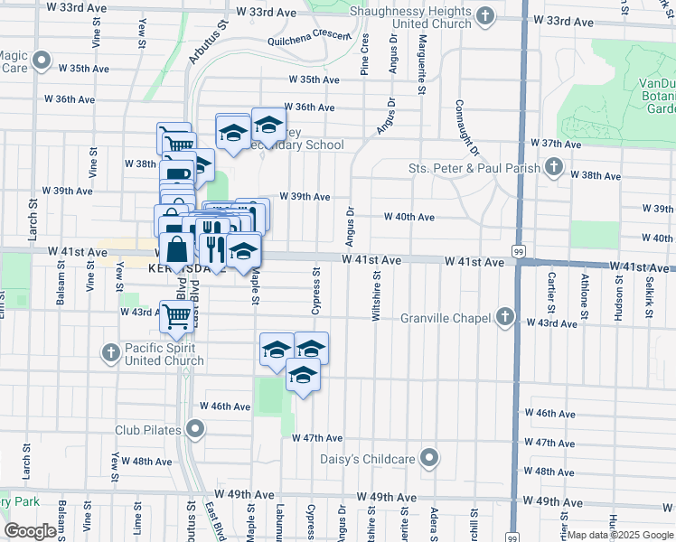 map of restaurants, bars, coffee shops, grocery stores, and more near 5755 Angus Drive in Vancouver