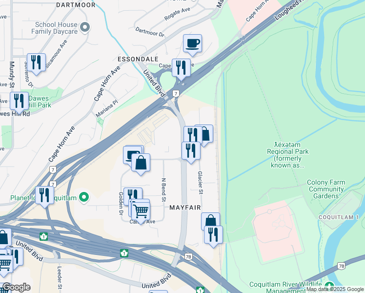 map of restaurants, bars, coffee shops, grocery stores, and more near 110 United Boulevard in Coquitlam