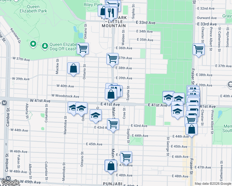map of restaurants, bars, coffee shops, grocery stores, and more near 5650 Main Street in Vancouver