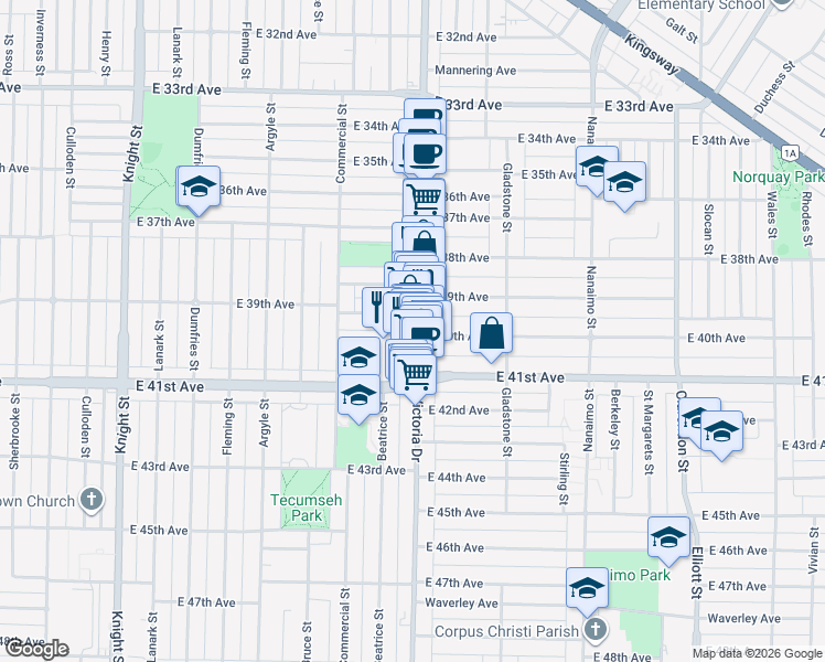 map of restaurants, bars, coffee shops, grocery stores, and more near 5555 Victoria Drive in Vancouver